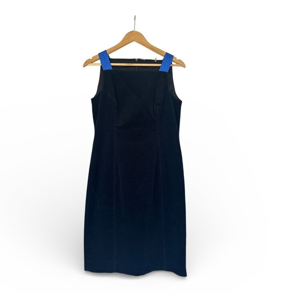 Women's Sleeveless Black Corduroy Tahari Dress Straps in Vintage Electric Blue M